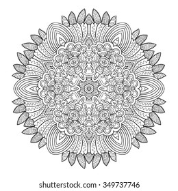 Ornament round mandala. Round lace pattern. Ethnic decorative element. Hand-drawn zen doodle background. Islam, Arabic, Indian motif. Tribal zentangle for henna, tattoo, mehndi, mehdi.