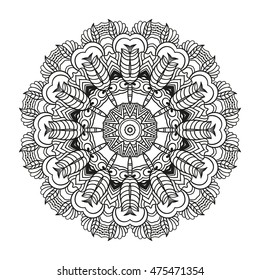 Ornament round mandala. Round lace pattern. Ethnic decorative element. Hand-drawn zen doodle background. Islam, Arabic, Indian motif. Tribal zentangle for henna, tattoo, mehndi, mehdi.