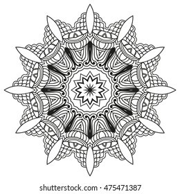 Ornament round mandala. Round lace pattern. Ethnic decorative element. Hand-drawn zen doodle background. Islam, Arabic, Indian motif. Tribal zentangle for henna, tattoo, mehndi, mehdi.