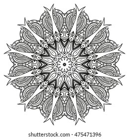 Ornament round mandala. Round lace pattern. Ethnic decorative element. Hand-drawn zen doodle background. Islam, Arabic, Indian motif. Tribal zentangle for henna, tattoo, mehndi, mehdi.