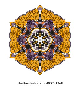 Ornament round mandala. Round lace pattern. Ethnic decorative element. Hand-drawn zen doodle background. Islam, Arabic, Indian motif. Tribal zentangle for henna, tattoo, mehndi, mehdi. Halloween color