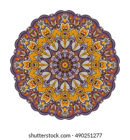 Ornament round mandala. Round lace pattern. Ethnic decorative element. Hand-drawn zen doodle background. Islam, Arabic, Indian motif. Tribal zentangle for henna, tattoo, mehndi, mehdi. Halloween color