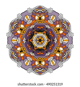 Ornament round mandala. Round lace pattern. Ethnic decorative element. Hand-drawn zen doodle background. Islam, Arabic, Indian motif. Tribal zentangle for henna, tattoo, mehndi, mehdi. Halloween color