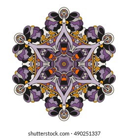 Ornament round mandala. Round lace pattern. Ethnic decorative element. Hand-drawn zen doodle background. Islam, Arabic, Indian motif. Tribal zentangle for henna, tattoo, mehndi, mehdi. Halloween color