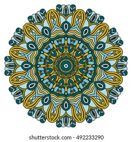 Ornament round mandala. Round lace pattern. Ethnic decorative element. Hand-drawn zen doodle background. Islam, Arabic, Indian motif. Tribal zentangle for henna, tattoo, mehndi, mehdi. Halloween color