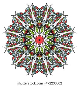Ornament round mandala. Round lace pattern. Ethnic decorative element. Hand-drawn zen doodle background. Islam, Arabic, Indian motif. Tribal zentangle for henna, tattoo, mehndi, mehdi. Halloween color