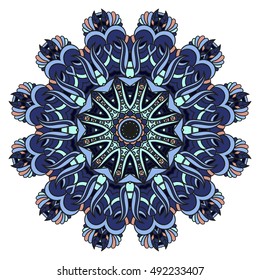 Ornament round mandala. Round lace pattern. Ethnic decorative element. Hand-drawn zen doodle background. Islam, Arabic, Indian motif. Tribal zentangle for henna, tattoo, mehndi, mehdi. Halloween color