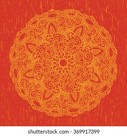 Ornament round orange mandala on red grunge background