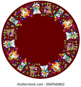 Un adorno para un producto redondo sobre el tema del año nuevo y Navidad con lindos animales de dibujos animados sobre un fondo rojo