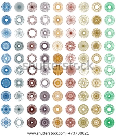 Ornament round set. Geometric circle element, guilloche sun pattern,Collection rainbow colored line spirograph abstract elements, different ornaments flower like, symmetry, isolated on white