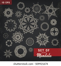 Ornament round set with mandala. Geometric circle element made in vector. Perfect set for design, birthday holiday, kaleidoscope, medallion, yoga, india, arabic, bohemian, bohemian girl, snowflake