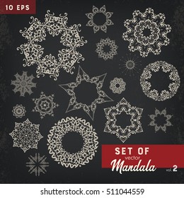 Ornament round set with mandala. Geometric circle element made in vector. Perfect set for design, birthday holiday, kaleidoscope, medallion, yoga, india, arabic, bohemian, bohemian girl, snowflake
