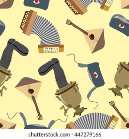 Ornament Russia. Balalaika, Samovar, Ushanka, accordion. Seamless pattern background