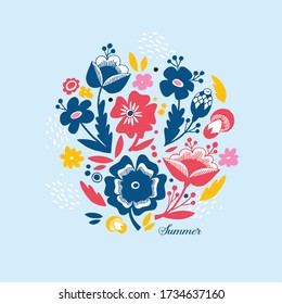 Ornament in russian style. Vector ornament with sunflowers, poppies, viburnum, pansies, mushrooms for prints. Flowers on blue background. Elements design for cards and textile.