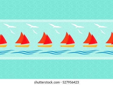 Ornament of sailboats, seagulls and waves.