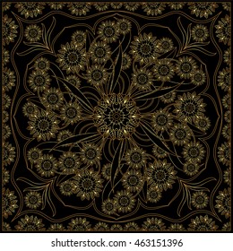 Ornament for scarf with gold pattern on black background. You can use for bandana, carpet, shawl, pillow, cushion. Vector illustration.