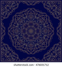 Ornament for scarf with gold pattern on blue background. You can use for carpet, shawl, pillow, cushion. Vector illustration.