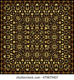 Ornament for scarf with gold pattern on black background. You can use for carpet, shawl, pillow, cushion. Vector illustration.