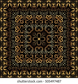 Ornament for scarf with gold pattern on black background. You can use for carpet, shawl, pillow, cushion. Vector illustration.