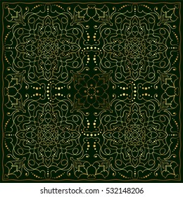 Ornament for scarf with gold pattern on dark green background. You can use for carpet, shawl, pillow, cushion. Vector illustration.