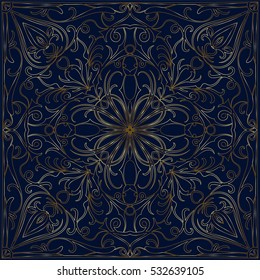 Ornament for scarf with gold pattern on dark background. You can use for carpet, shawl, pillow, cushion. Vector illustration.