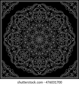 Ornament for scarf with white pattern on black background. You can use for carpet, shawl, pillow, cushion. Vector illustration.