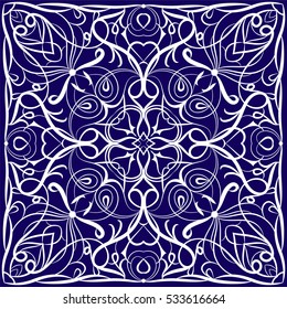 Ornament for scarf with white pattern on blue background. You can use for carpet, shawl, pillow, cushion. Vector illustration.