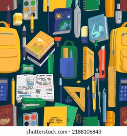 Ornamento de los suministros escolares. Mochila, cuadernos, libros de texto, artículos de papelería, herramientas para artistas principiantes al estilo de dibujos animados. Volver al vector escolar sin problemas.