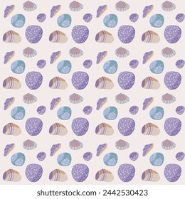 Ornament with sea stones and shells on the sand. Rounded shapes. Striped, spotted textures. Seashore. Delicate color scheme.