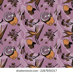 ornament, seamless pattern, flat colorful retro vector illustration, pomegranate, tangerine, purple