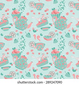 Ornament seamless pattern with tea party objects - teapot, cup, cakes, berries, decorative elements