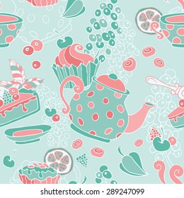 Ornament seamless pattern with tea party objects - teapot, cup, cakes, berries, decorative elements