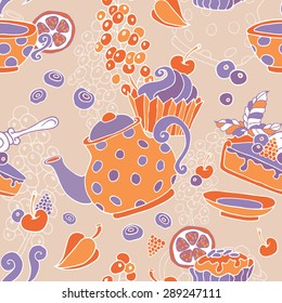 Ornament seamless pattern with tea party objects - teapot, cup, cakes, berries, decorative elements