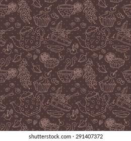 Ornament seamless pattern with tea party objects - teapot, cup, cakes, berries, decorative elements