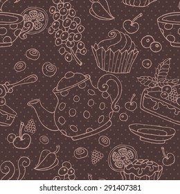 Ornament seamless pattern with tea party objects - teapot, cup, cakes, berries, decorative elements