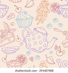 Ornament seamless pattern with tea party objects - teapot, cup, cakes, berries, decorative elements