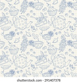 Ornament seamless pattern with tea time objects - teapot, cup, cakes, berries on a notebook paper sheet background