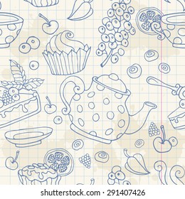 Ornament seamless pattern with tea time objects - teapot, cup, cakes, berries on a notebook paper sheet background