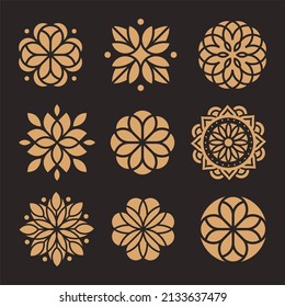 Set-Paket für Ornamente Logo Designs Vektorgrafik. Logo-Designs für universelle Blumen, Vektorgrafik. 