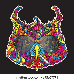 Ornament set of face of fashion owl with style aviator sunglasses, vector illustration isolated on dark background,  line art style