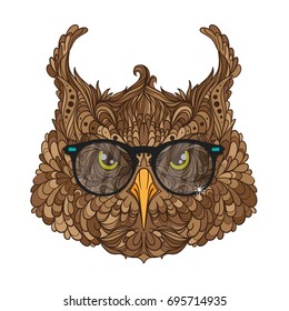 Ornament set of face of fashion owl with style sunglasses, vector illustration isolated on dark background,  line art style