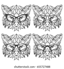 Ornament set of foxes with different eyeglasses in black and white version, vector illustration isolated on white background