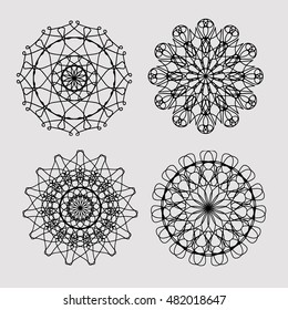 Zierset mit Mandala.  Schöne dekorative geometrische Kreiselemente aus Vektorillustration. Schwarz auf hellgrauem Hintergrund.