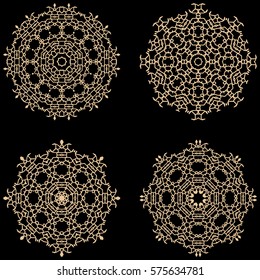 Ornament set with mandala.  Beautiful decorative geometric circle elements made in vector. Gold on black background.