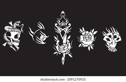 ornament set vector of skull, snake, sword, flower and handcard poker design, logo set