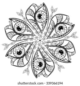 Ornament in the shape of a flower from black and white graphic elements.
