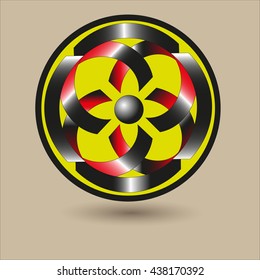 Ornament in the shape of a shield vector illustration
Pattern in the shape of a shield of black and red stripes with a gray ball in the middle of the circle on a beige background vector illustration