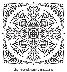 Ornament of silhouette flowers, circles, twisted leaves in a square, central element of flower. Print for the cover of the book, postcards, t-shirts. Illustration for rugs.