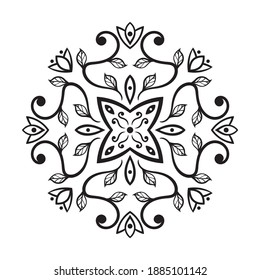 Ornament of silhouette flowers, circles, twisted leaves in a square, central element of flower. Print for the cover of the book, postcards, t-shirts. Illustration for rugs.