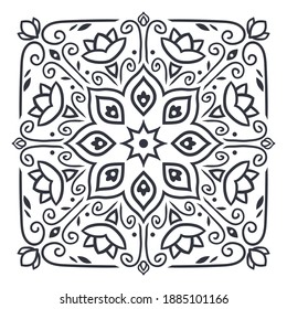 Ornament of silhouette flowers, circles, twisted leaves in a square, central element of flower. Print for the cover of the book, postcards, t-shirts. Illustration for rugs.